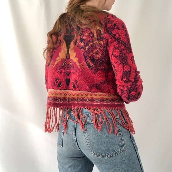 Stunning Vintage Cooi Knit Nordic Fringe Cropped Boho Cardigan Sweater Bohemian - Picture 4 of 9